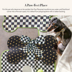 MACKENZIE-CHILDS Courtly Bow detail highlights elegant ribbon décor for pet bowls.