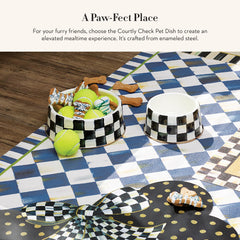 MACKENZIE-CHILDS enamel pet dish on heavy steel base for daily meals.