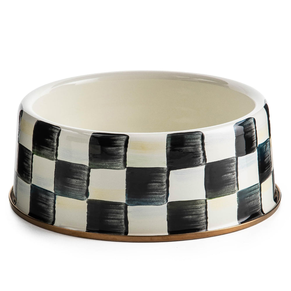 MACKENZIE-CHILDS pet bowl in Courtly Check, durable large-size feeding solution.