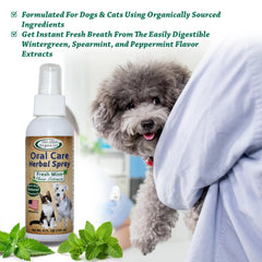 Mad About Organics spray application on a pet's tongue promotes fresher breath after meals.