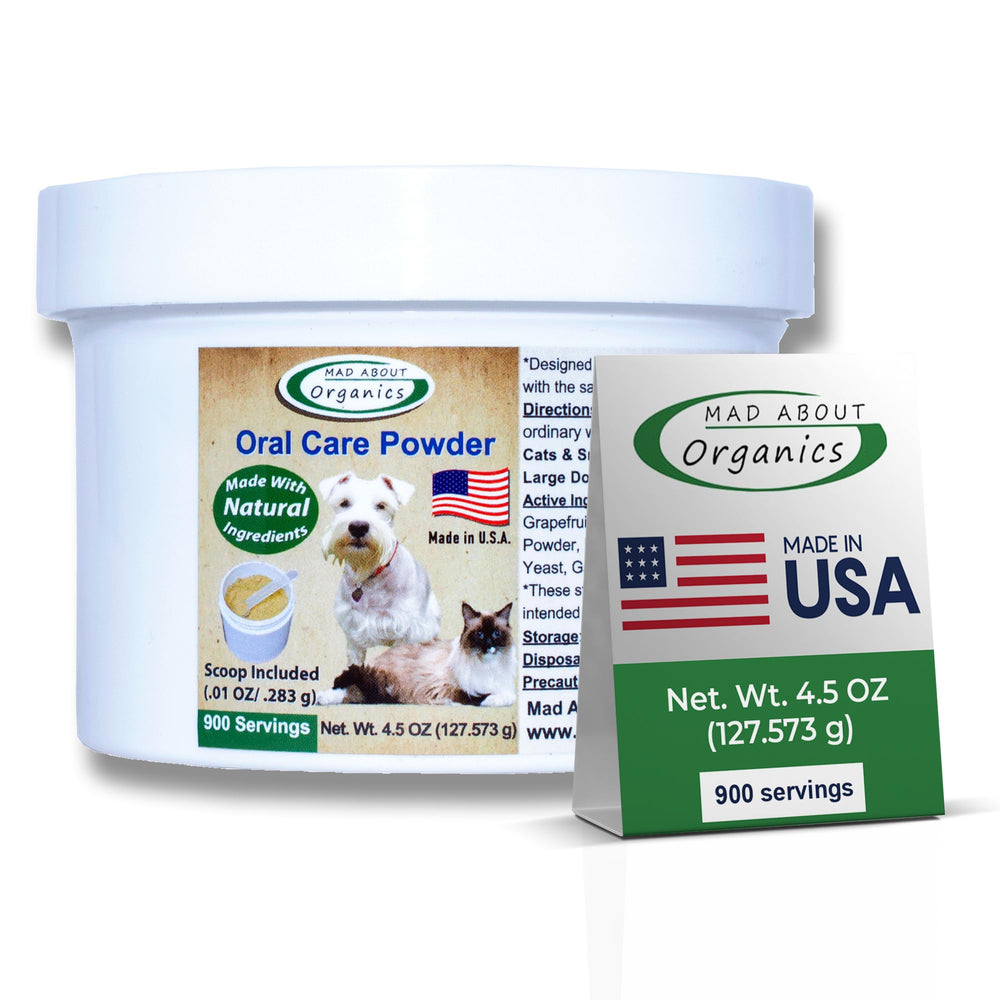 Mad About Organics dental powder jar for dogs and cats supporting fresh breath