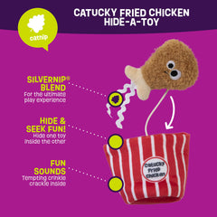 Mad Cat Catucky Fried Chicken Hide-A-Toy leg ready for batting and pouncing.