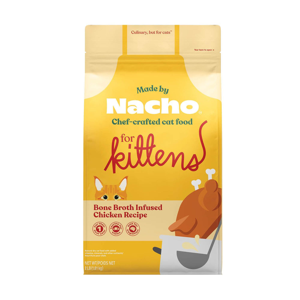 Made by Nacho kitten kibble bone-broth bag highlights protein and flavor for growth.