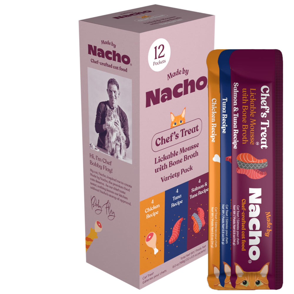 Made by Nacho Lickable Treats Mousse Tubes packaging front for easy bonding with cats.