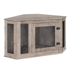 MAHANCRIS corner dog crate furniture side view demonstrates space-saving corner fit for small rooms.
