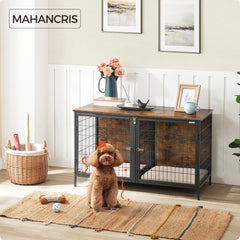 Mahancris dog crate furniture assembly in progress for quick setup.