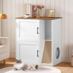 MAHANCRIS litter box enclosure side view shows spacious two-tier interior for two litter stations