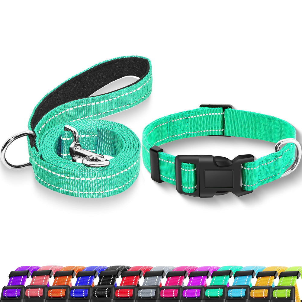 Maiiu reflective dog collar turquoise enhances night visibility for safer evening walks.