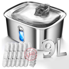 MAILOFY dog water fountain 9L front view shows sturdy stainless steel construction for reliable hydration.
