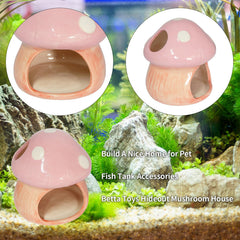 Mairuker pink mushroom house closeup ceramic emphasizes durable, aquarium-safe material and easy cleaning.