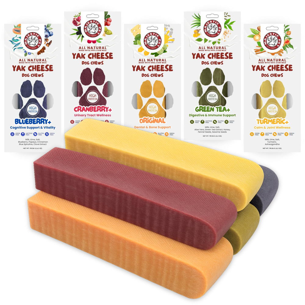 Majestic Pet Himalayan chews packaging highlights all-natural ingredients and durable dog snacks.
