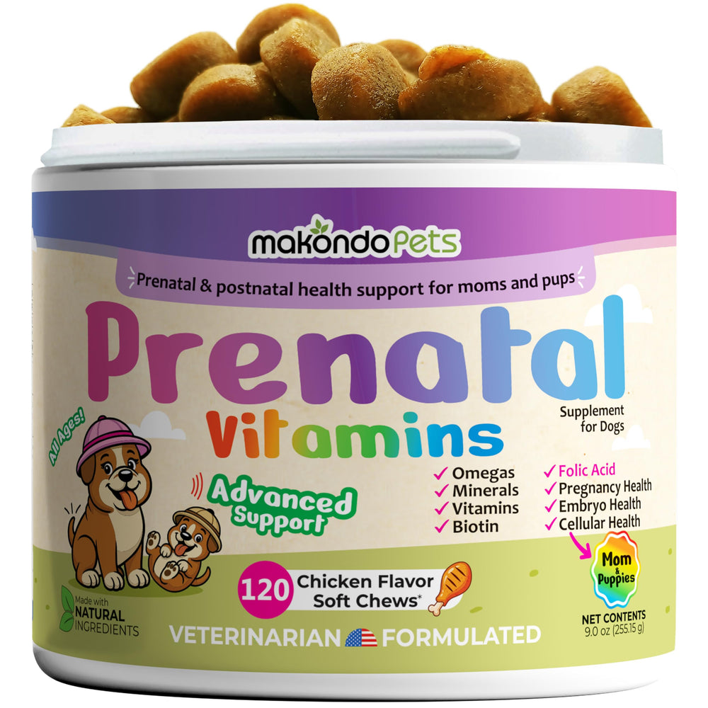 Makondo Pets prenatal vitamins bottle showing veterinarian-formulated chews for moms supporting pregnancy health