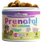 Makondo Pets prenatal vitamins bottle showing veterinarian-formulated chews for moms supporting pregnancy health