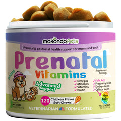 Makondo Pets prenatal vitamins bottle showing veterinarian-formulated chews for moms supporting pregnancy health