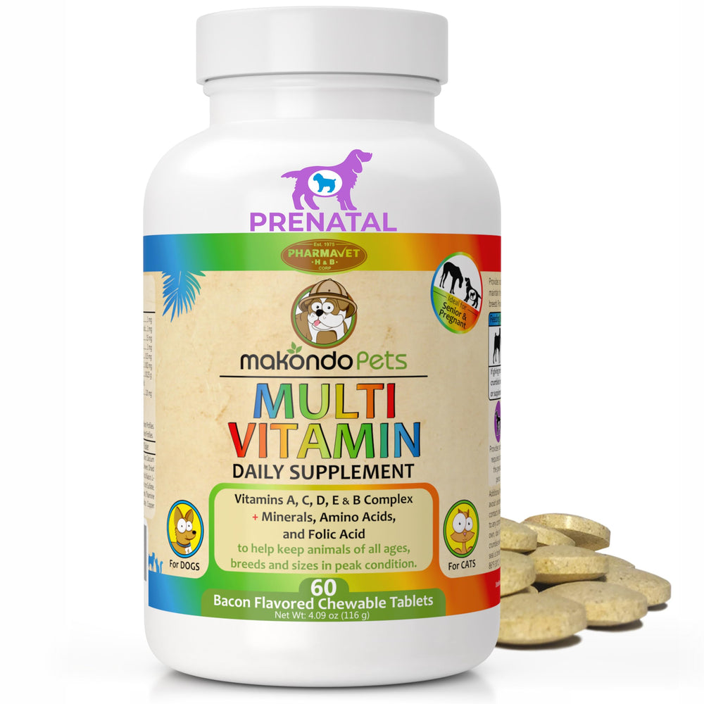 Makondo Pets prenatal dog vitamins bottle highlighting full-spectrum nutrients for pregnant dogs.