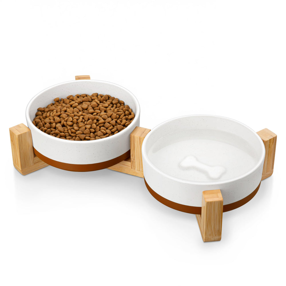 MALACASA ceramic dog bowl with wood stand, front view, compact 1.5-cup capacity for small pets.