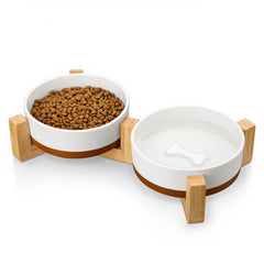 MALACASA ceramic dog bowl with wood stand, front view, compact 1.5-cup capacity for small pets.