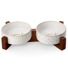 MALACASA dog bowl set with walnut stand shows elevated dining for comfortable feeding.