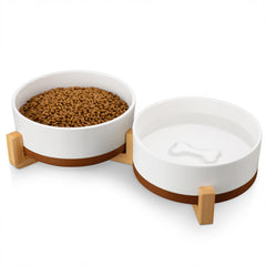 MALACASA dog bowls set with wooden stand front view for tidy meals