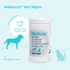 MalAcetic Wet Wipes bottle shown aiding mild fungal and bacterial skin issues in pets.