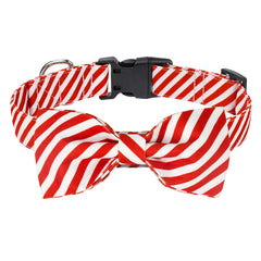 Malier Christmas Collar with Bowtie red stripe close-up, durable fabric.