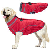 Malier red x-large dog coat front view shows cozy fleece and snug fit.