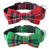 Malier dog collar with bow tie in classic plaid for festive photos and easy sizing