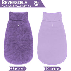 Malier dog winter coat closeup fleece purple highlights soft insulating fleece texture.