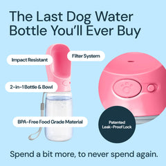 MalsiPree pink portable dog bowl bottle ready for walks and hikes.