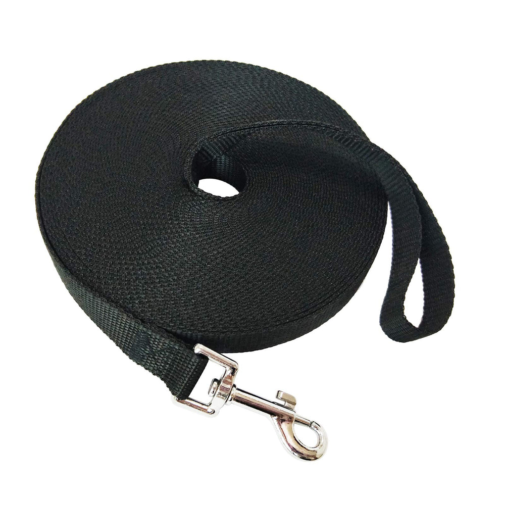 MANDAO 50ft black nylon training leash for recall and outdoor practice.