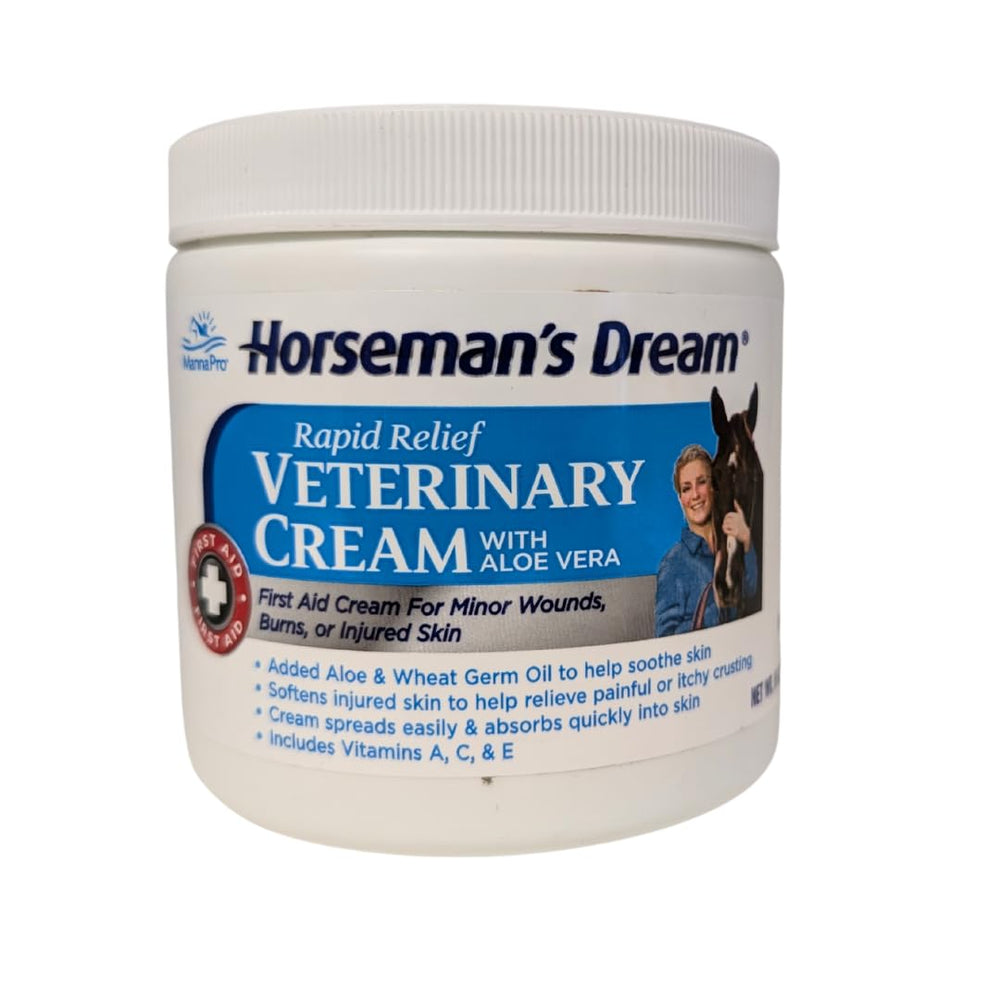 Manna Pro Corona Horseman's Dream Vet Cream jar label showing soothing aloe blend for minor wounds