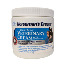 Manna Pro Corona Horseman's Dream Vet Cream jar label showing soothing aloe blend for minor wounds