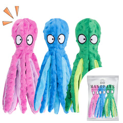 MANOPAWS 3pack octopus dog toy multicolor front view boosts playful exercise and engagement.
