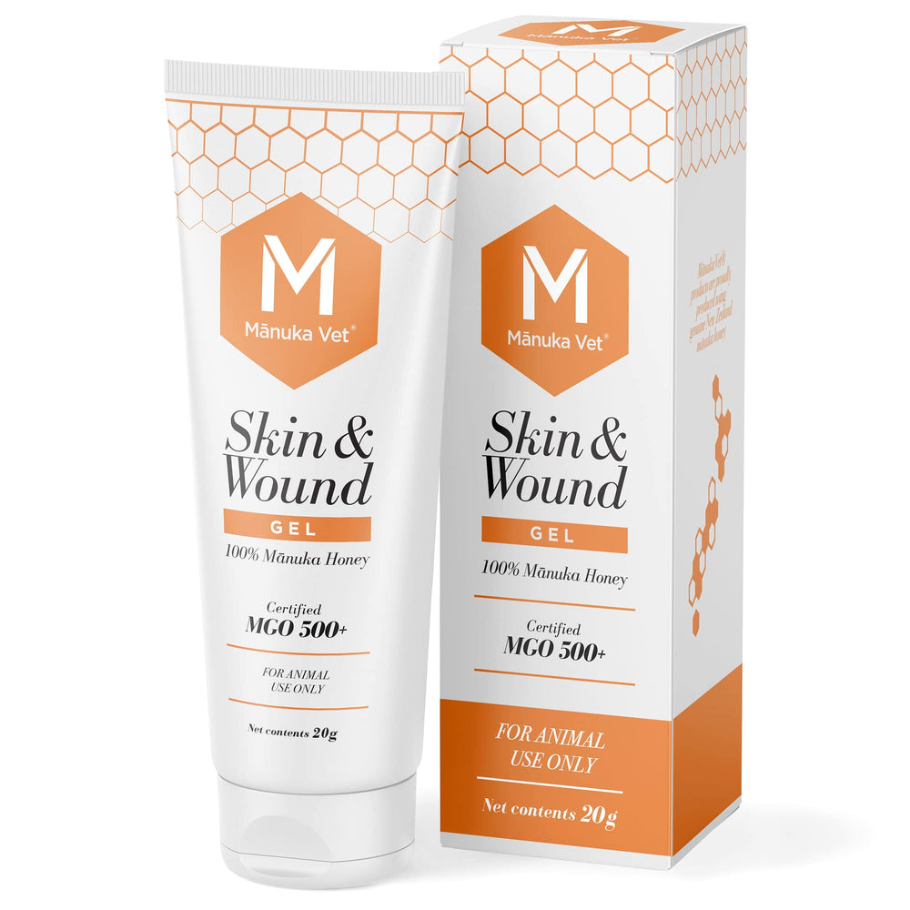 Manuka Vet Skin & Wound Gel tube closeup highlighting premium wound care for pets