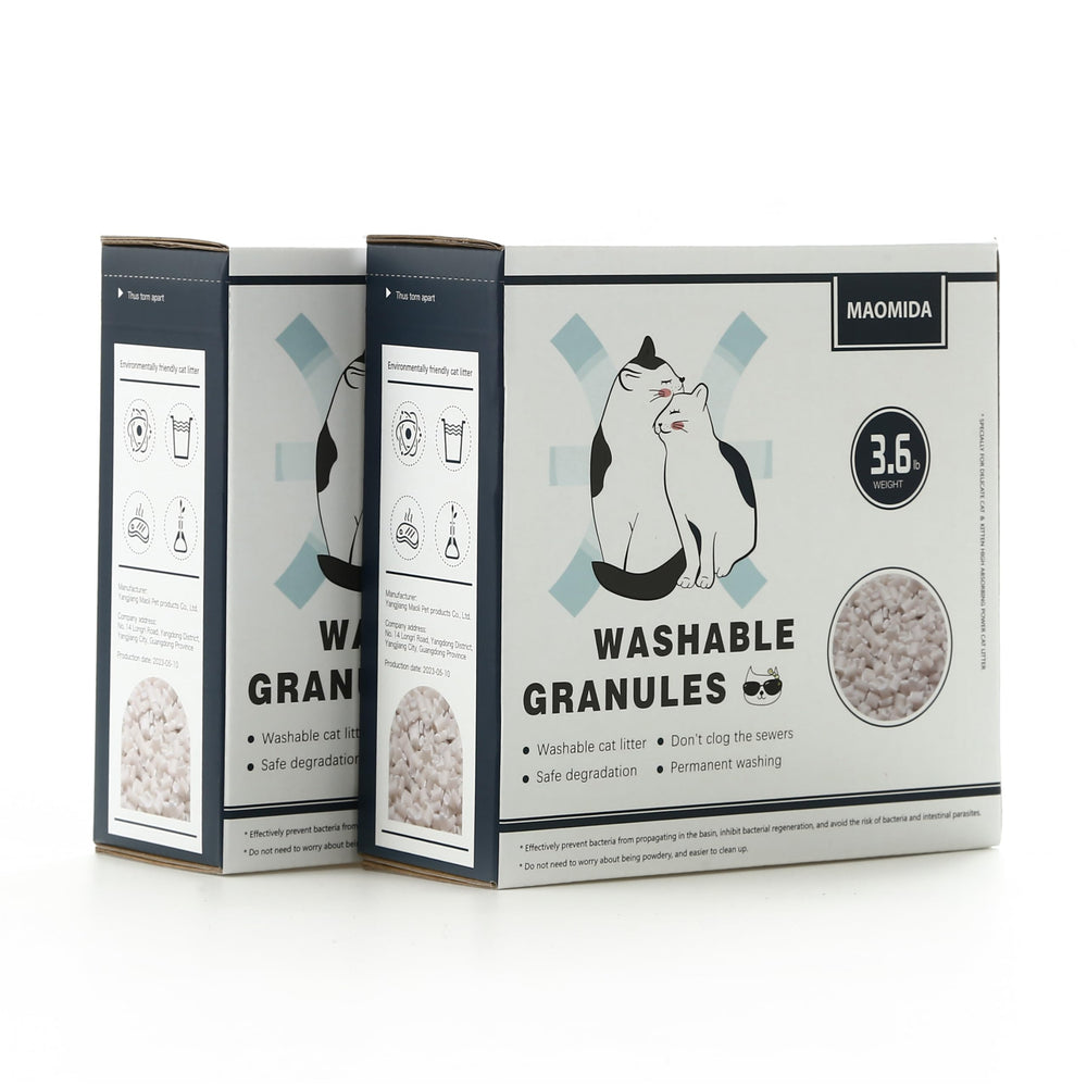 MAOMIDA cat litter box granules refill packaging close-up showing compostable material