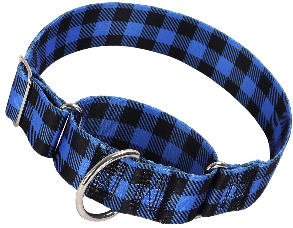 MAOWUWUJOZ Wide Martingale Collar blue plaid closeup enhances control during walks.