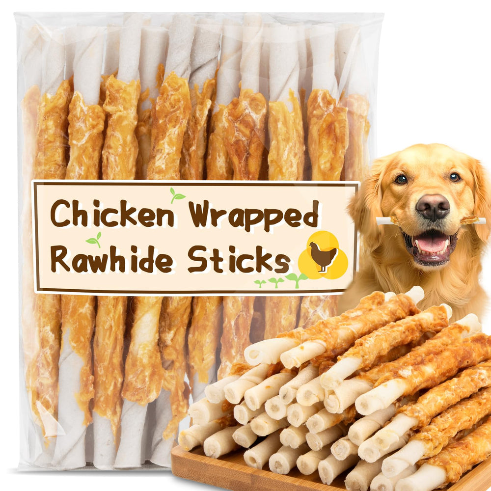 MAQIHAN chicken-wrapped rawhide twist for puppy chewing and teething relief.