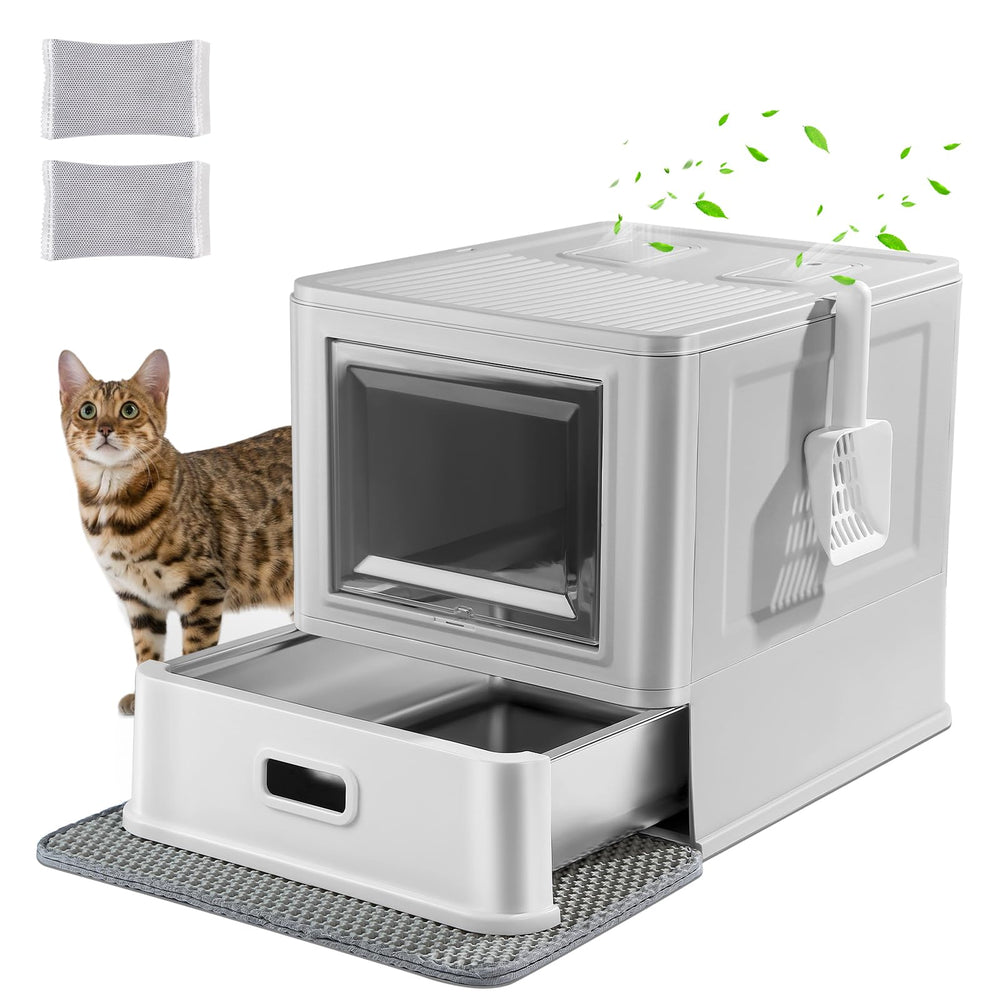 Marchul enclosed stainless steel cat litter box front view shows odor control and durability.