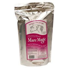 Closeup of Mare Magic 32oz label featuring raspberry leaf blend for cyclical comfort