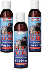 Marshall Furo Tone ferret supplement bottle close-up for shiny coat and skin comfort.