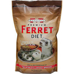 Marshall Premium Ferret Diet Food bag front highlighting high-protein formula for active ferrets.