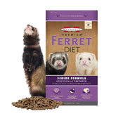 Marshall Premium Ferret Diet Senior Formula bag close-up, highlighting high-protein nutrition for aging ferrets.