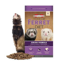 Marshall Premium Ferret Diet Senior Formula bag close-up, highlighting high-protein nutrition for aging ferrets.