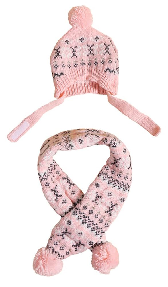 MaruPet dog hat and scarf set in pink wave keeps small dogs warm and stylish.
