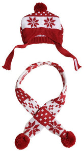 MaruPet hat and scarf set on a small dog, cozy red snowflake knit warmth for winter walks.