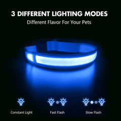 MASBRILL LED collar shows three light modes: fast flash, steady flash, and constant.