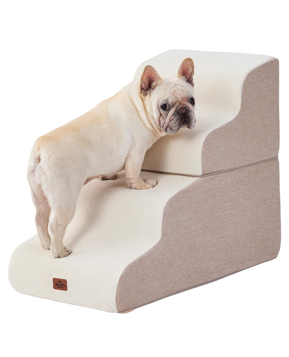 MASSFU Beige Curved Dog Stairs beside bed for easier pet access