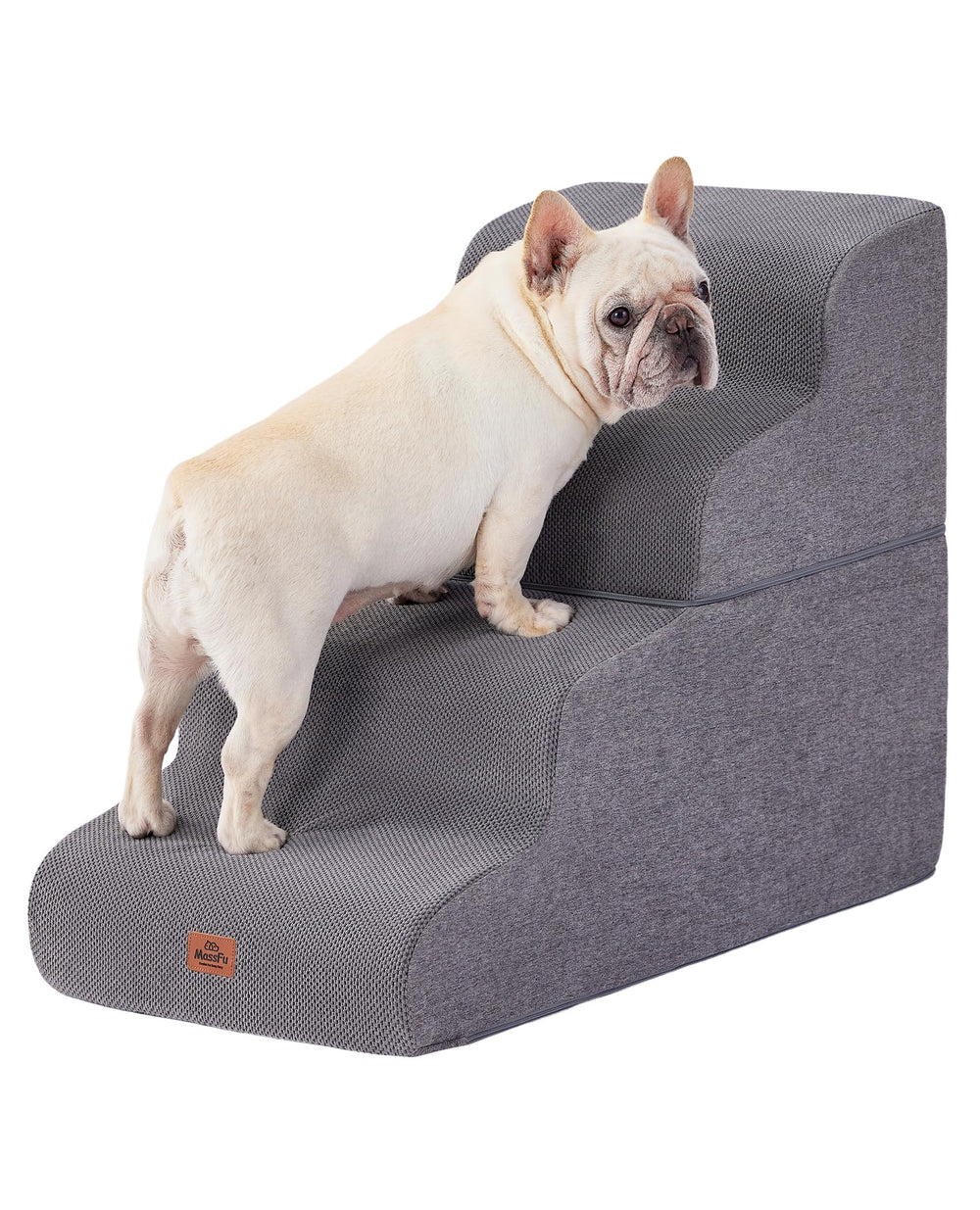 MASSFU gray curved dog stairs side view with non-slip surface for easy bed access