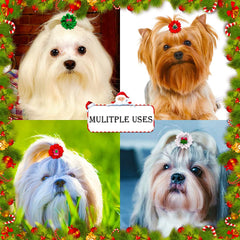Masue Pets Christmas dog bows showing secure rubber bands for quick on-off styling.