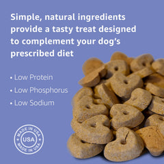Mattie's Treats low-protein low-phosphorus label close-up communicates dietary-conscious choice
